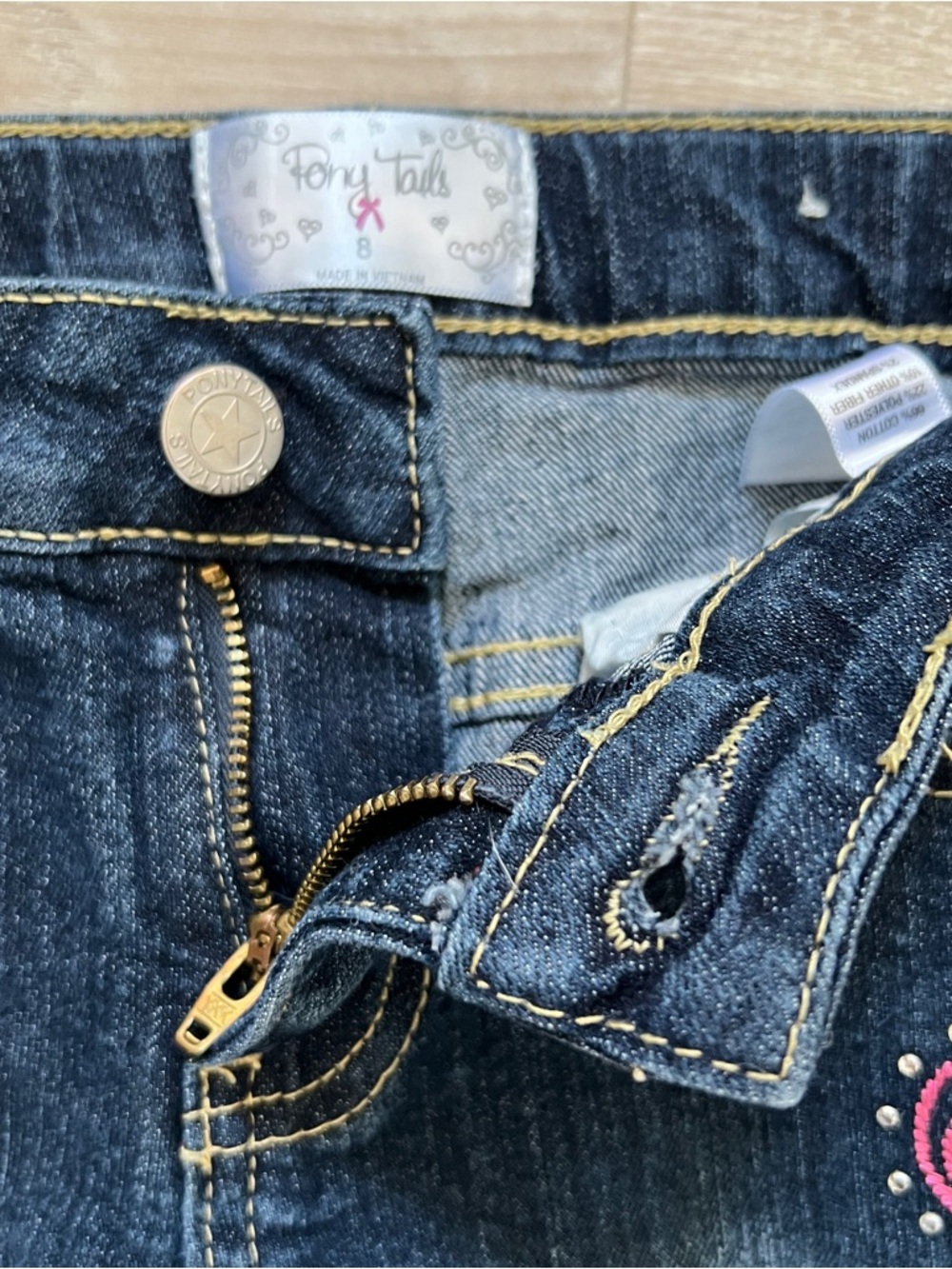 Pony Tails Jeans Girls 8 Dark Wash Heart Embroidery Straight Leg Denim Pants - Picture 6 of 8